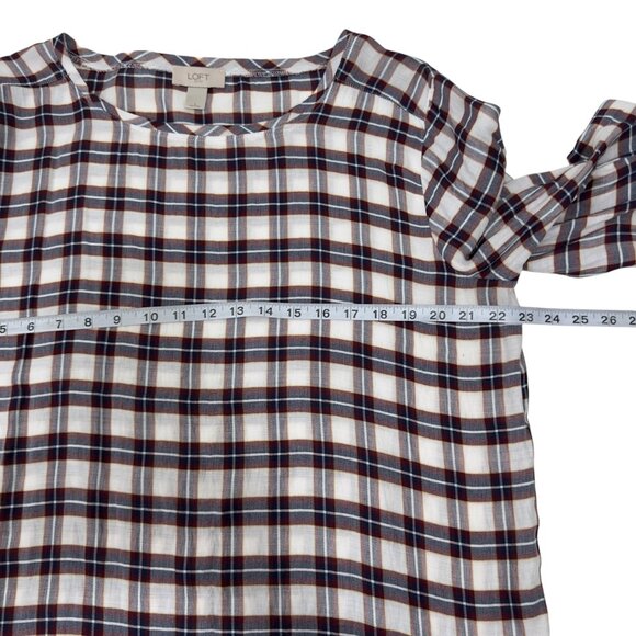 LOFT Outlet Pullover Plaid Long-Sleeve Rayon Blouse SZ L White & Multicolor - Picture 5 of 10